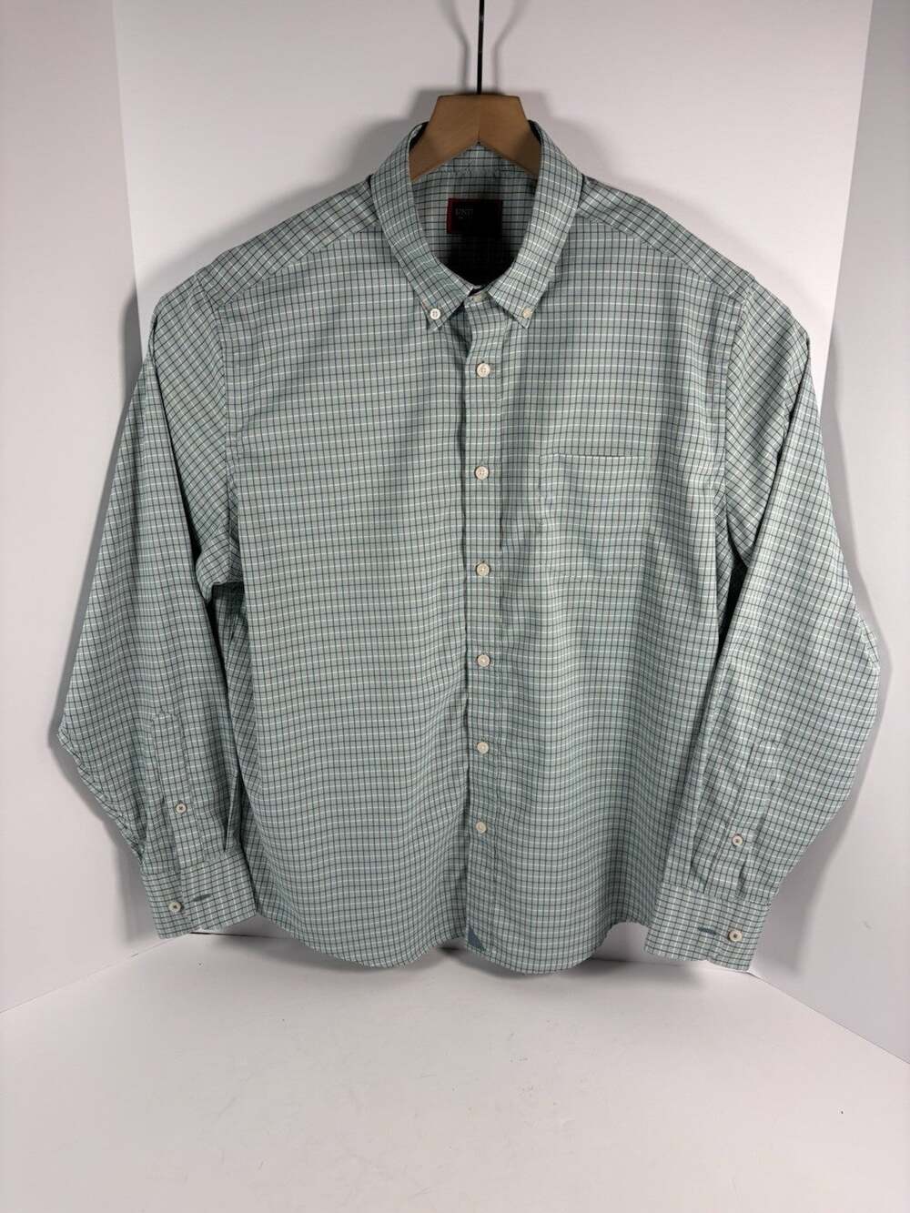 UNTUCKit Mens Large Relaxed Fit Green Blue Check Polyester Long Sleeve Button Up